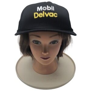 Vintage Mobil Delvac Trucker Hat Black Mesh Foam  Snapback  Cap Made in USA